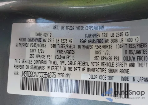 2012 Mazda Cx-9 Touring from USA, damaged, VIN JM3TB2CA7C0354875